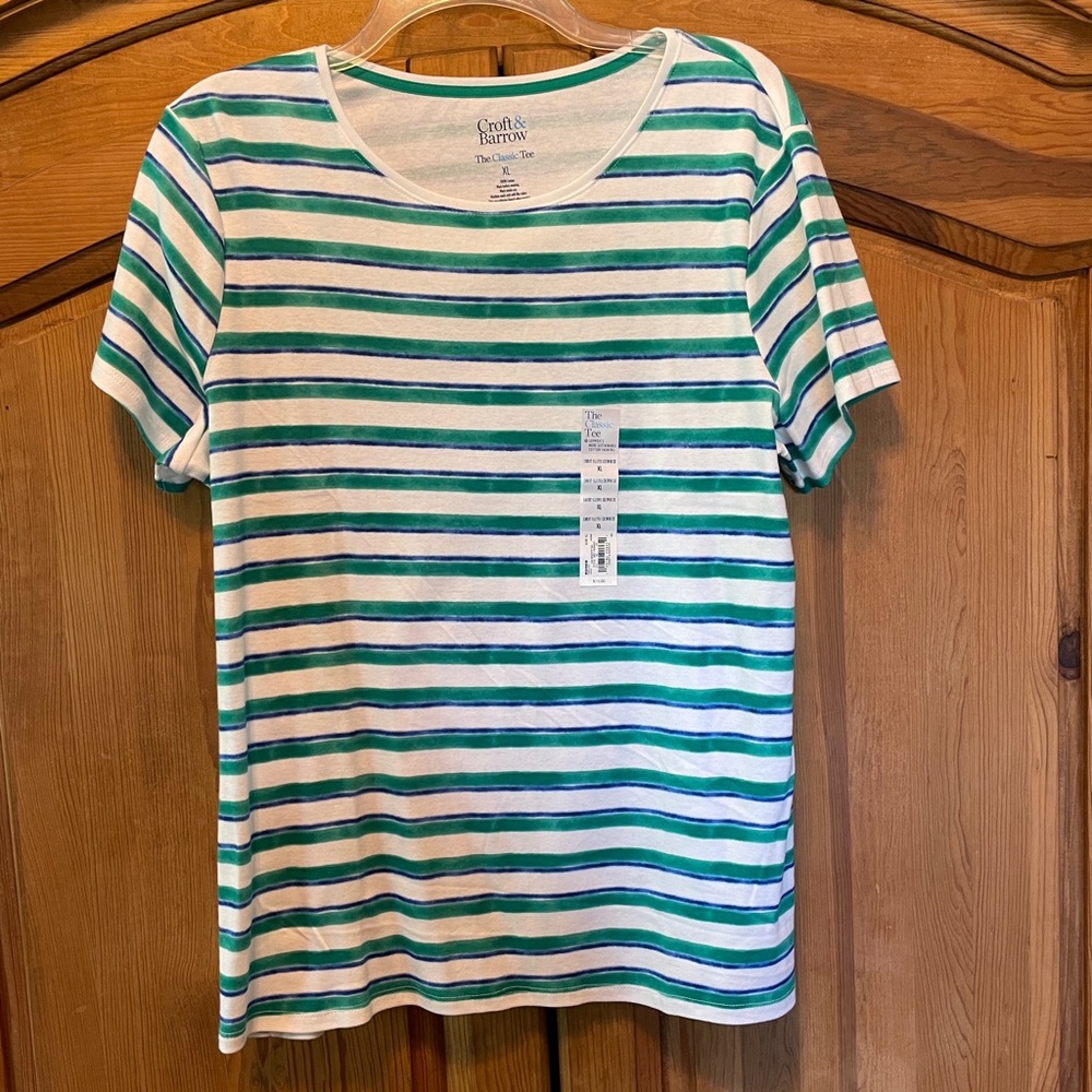 Women's XL Short Sleeve Tee T-Shirt Blue Green White Stripe Croft & Barrow NWT